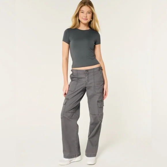 Hollister SEAMLESS FABRIC LONGLINE CREW BABY TEE DARK GREY, XXS Regular - Picture 2 of 6